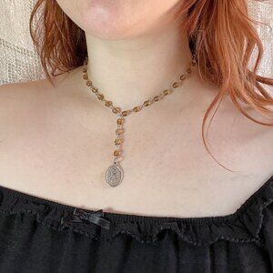 Vintage-Inspired Glass Rosary Drop Necklace with Mary Miraculous Medal Pendant